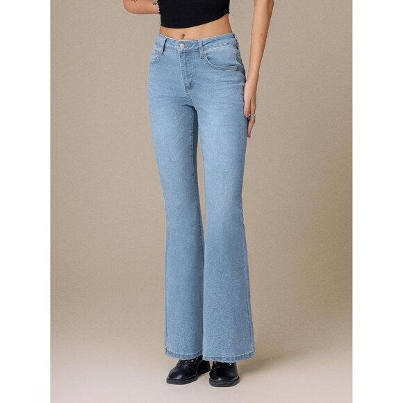 Women Flared Jeans High Waist Stretch Denim Y2K Vintage Distressed Casual - Picture 6 of 8